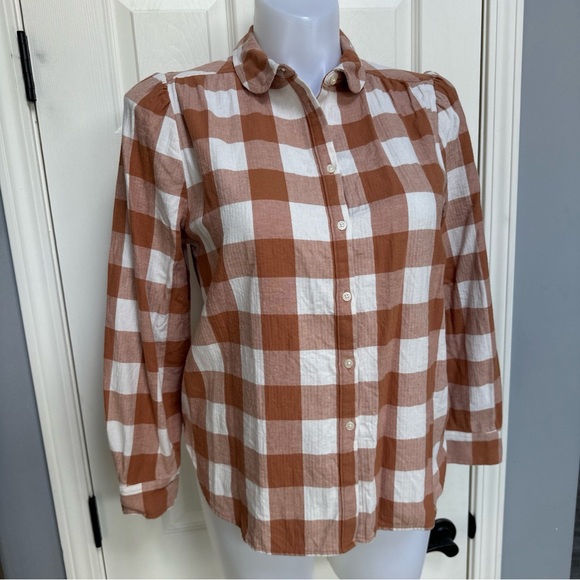 LOFT Plaid Flannel Scoop Hem Peter Pan Collar Puff Shoulder Button down Shirt L - Picture 2 of 9